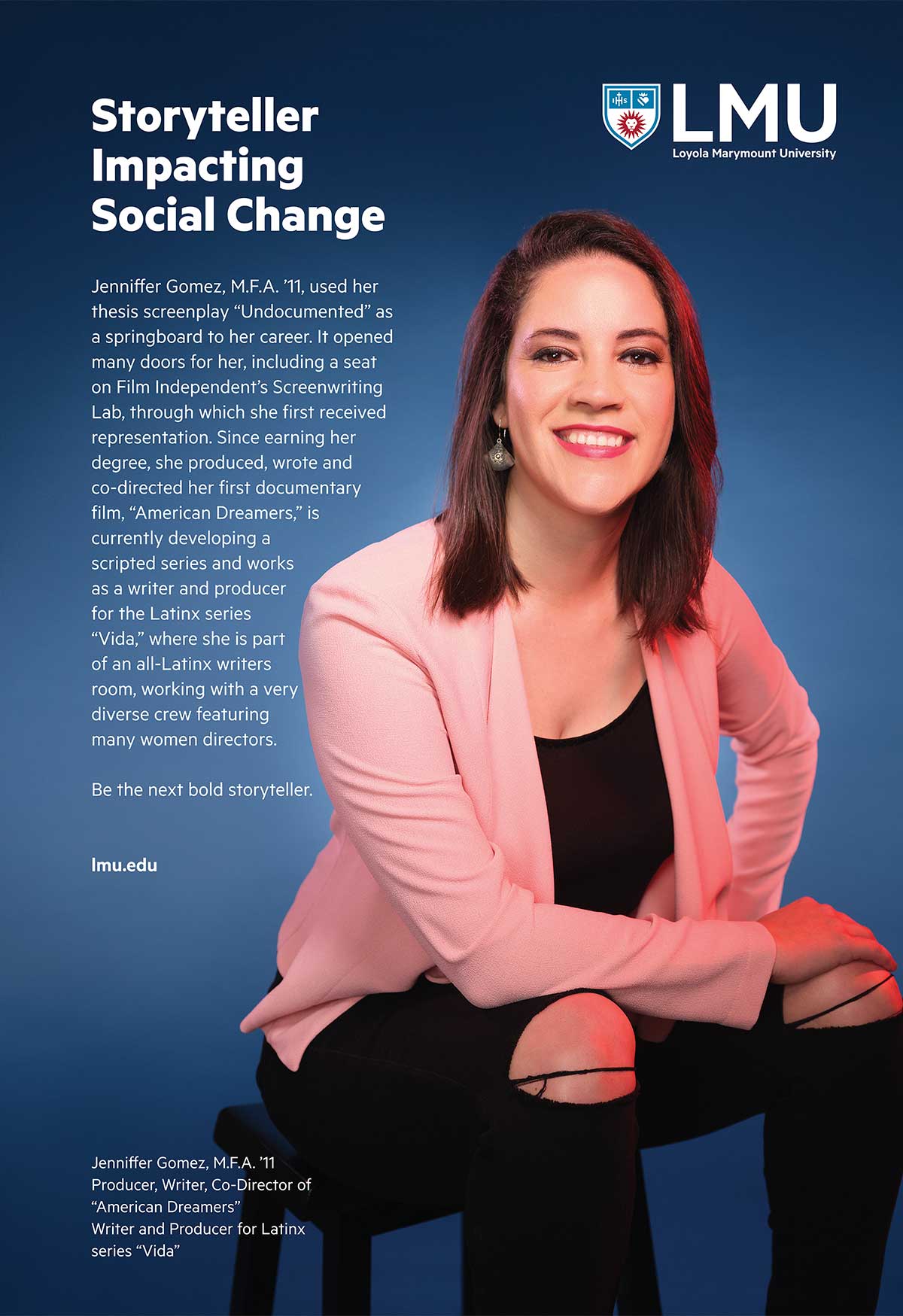 Advertisement featuring Jennifer Gomez with the words Storyteller Impacting Social Change