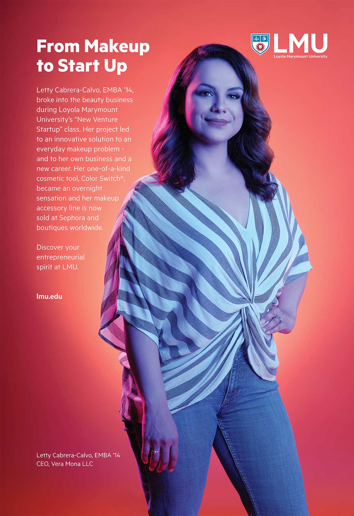Advertisement featuring Letty Cabrera with the words From Makeup to Start Up