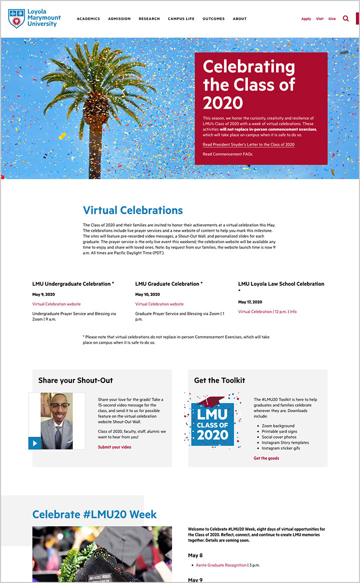 A screenshot of the Celebrate LMU20 website 