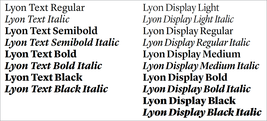 Lyon and Lyon Display typeface weights