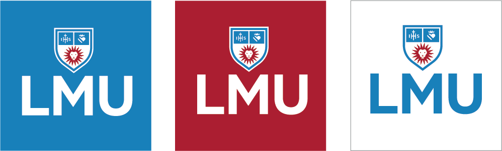 Social Primary Icons with the LMU Acronym and LMU Shield over white, LMU Blue and LMU Crimson backgrounds