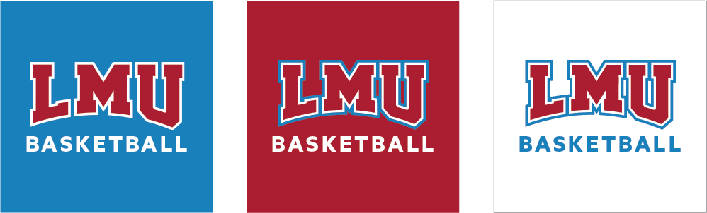 Social Athletics Icons with one long word over white, LMU Blue and LMU Crimson backgrounds