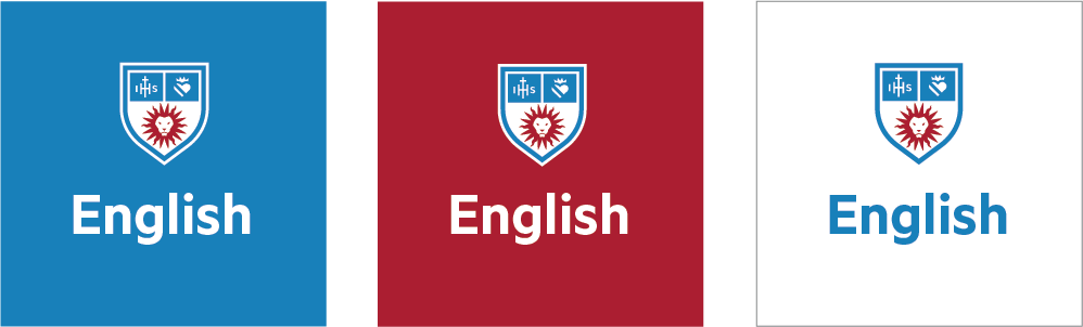 Social Department Shield Icons with one long word over white, LMU Blue and LMU Crimson backgrounds