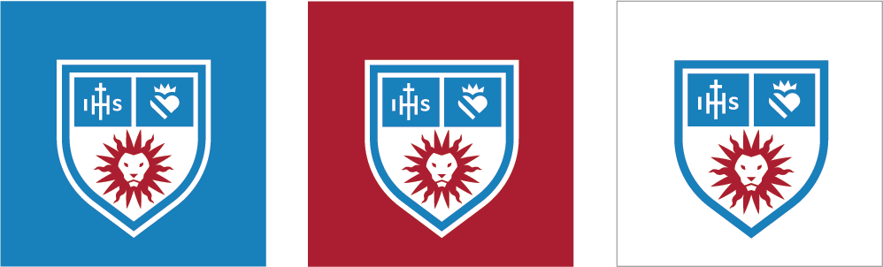 Social Department Shield Icons over white, LMU Blue and LMU Crimson backgrounds