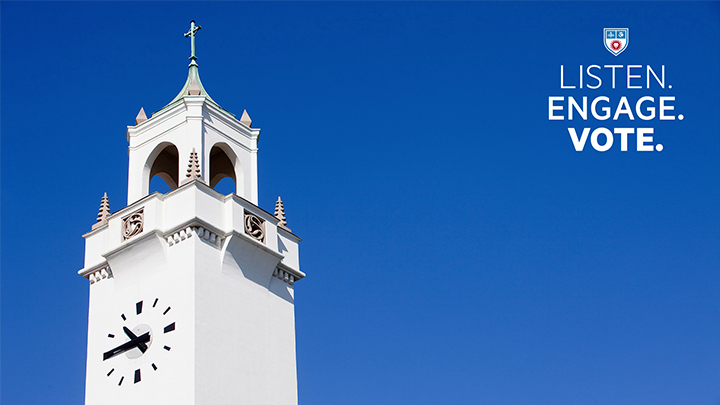 LMU chapel tower with Listen Engage Vote wordmark