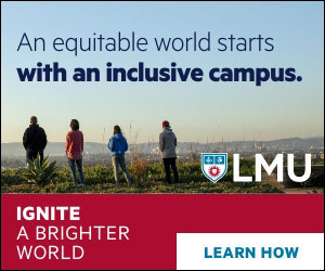Several students standing at the bluff overlooking Los Angeles with mountains in the distance with the words An equitable world starts with an inclusive campus and Ignite a Brighter World