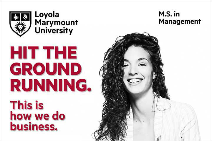 Facebook ad for MS in Management showing a smiling student with the words Hit the ground running. This is how we do business.