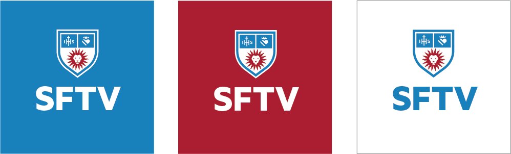 Social Department Shield Icons with one short word over white, LMU Blue and LMU Crimson backgrounds