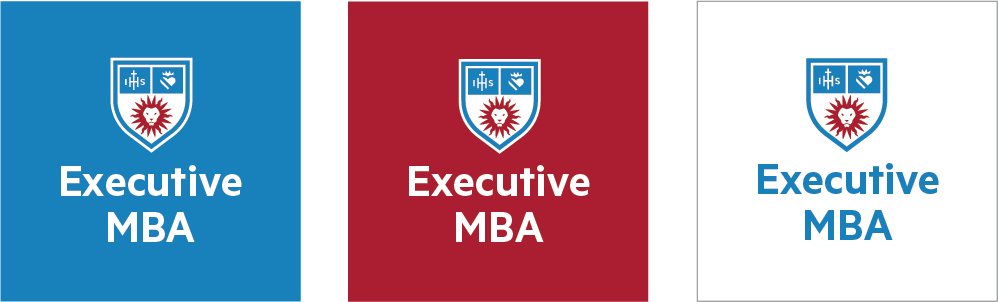 Social Department Shield Icons with two lines over white, LMU Blue and LMU Crimson backgrounds
