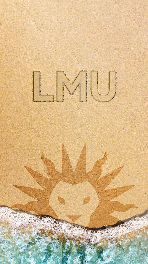 Top down view a wave rolling in with the Spirit Mark and LMU letters drawn in the sand