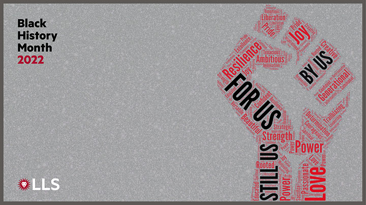 Depiction of a fist held in the air, and the fist is comprised of words like By Us, For Us, Still Us, Resilience, Joy, Love, and Power, and the LLS Spirit Mark in the corner