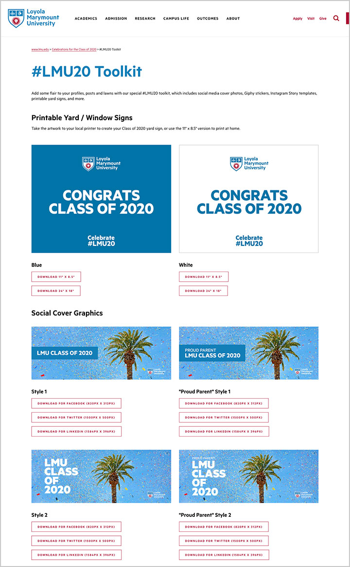 A screenshot of the Celebrate LMU20 website social media toolkit