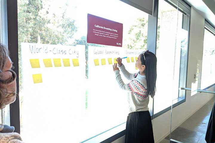 A staff member putting sticky notes under various categories highlighting aspects of the LMU identity