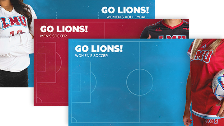Three Zoom background designs showing stylized athletics playing fields, athletes in corresponding apparel, and the words Go Lions with the name of each sport