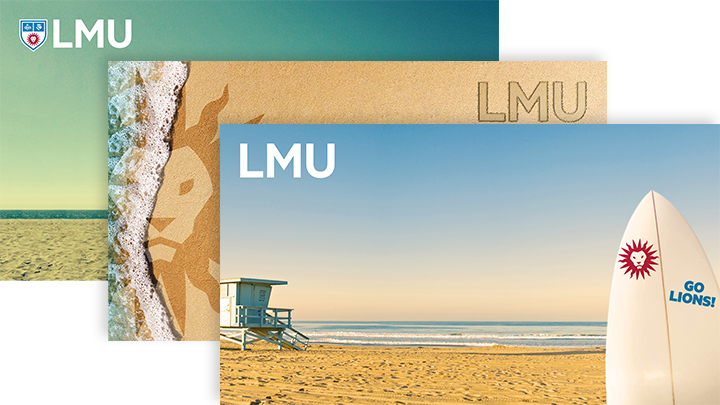 Three Zoom background designs showing different scenes at the beach with LMU logos in the top corners