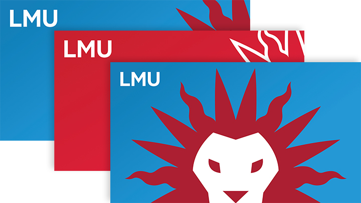 Three Zoom background designs showing the LMU Spirit Mark in different positions and colors
