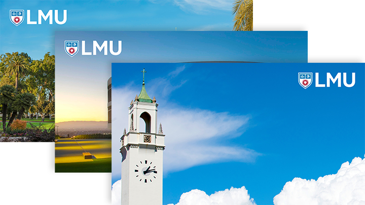 Three Zoom background designs showing different campus locations with the LMU logo in the corner