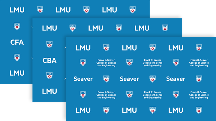 Three Zoom background designs each showing a grid of an LMU college name and logo