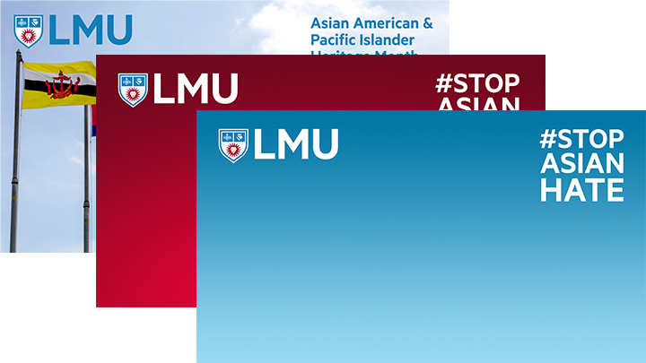 Three stacked Zoom backgrounds with the words Asian American and Pacific Islander Heritage Month and Stop Asian Hate